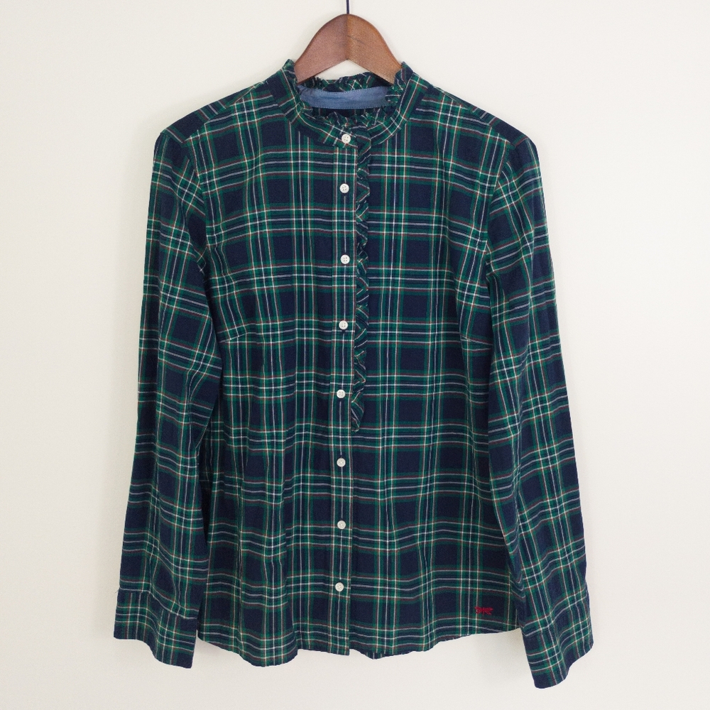 Talbots Women Size 18 Green Navy Plaid Ruffle Collar Button Down Shirt Cotton